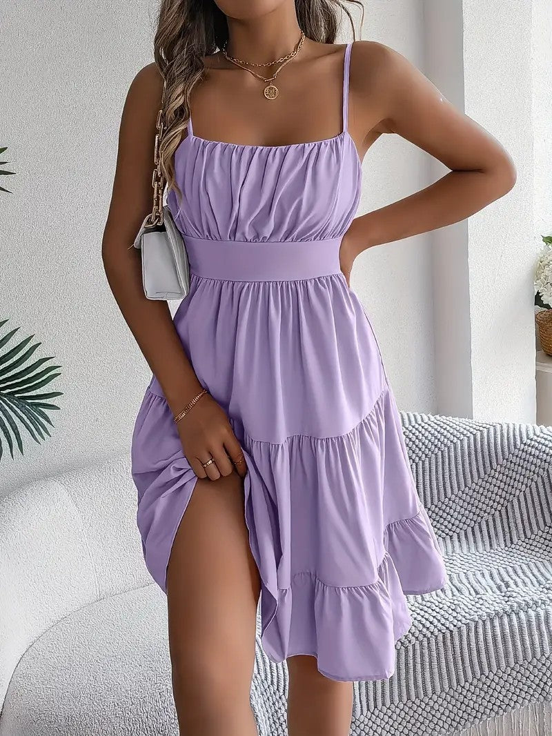 Sleeveless Sling Square Collar Smocking Layered Pleated Dress