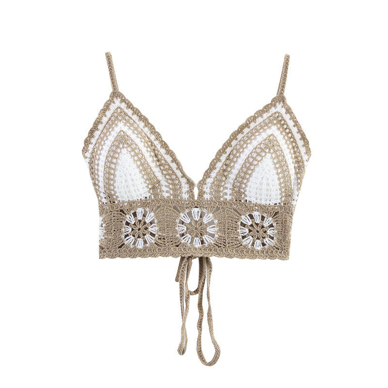 Seaside Vacation Beach Suit Women's Summer New Hollow Knitted Halter Top High Waist Shorts