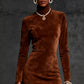 Womens Suede-Like High-Neck Long-Sleeve Tassel Dress