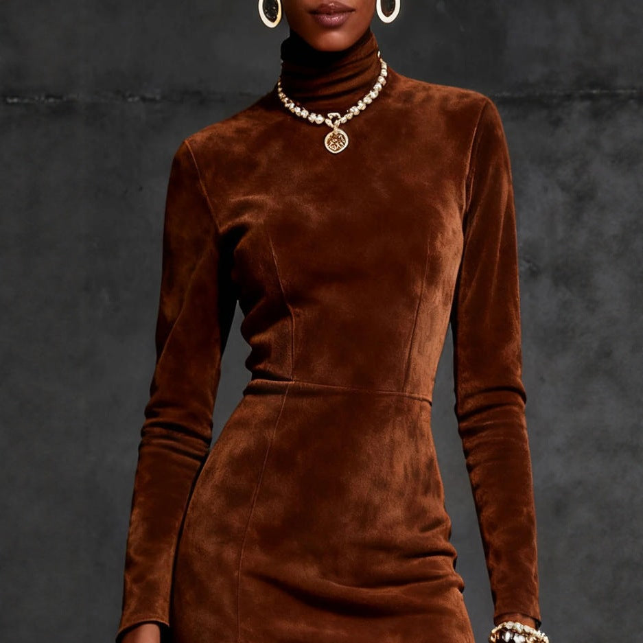 Womens Suede-Like High-Neck Long-Sleeve Tassel Dress