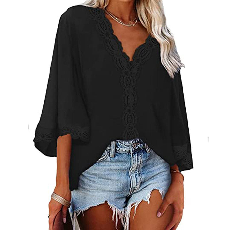 Ladies Bell Sleeve V Neck Lace Shirt