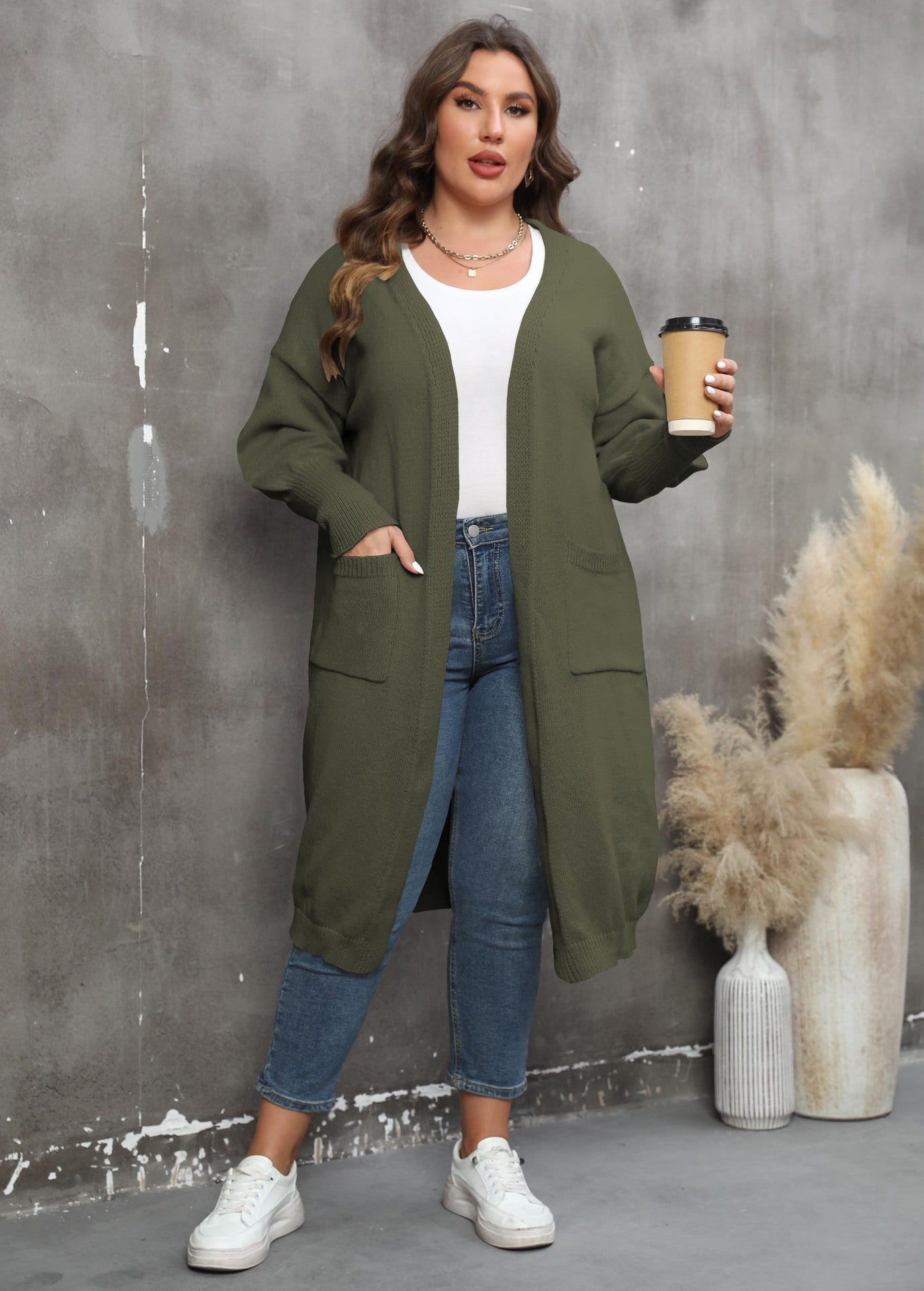Pull ample mi-long tissé grande taille, style européen et américain, manteau à manches lanternes et double poche
