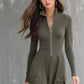 Zippered Pocket Long Sleeve Waist-cinching Dress