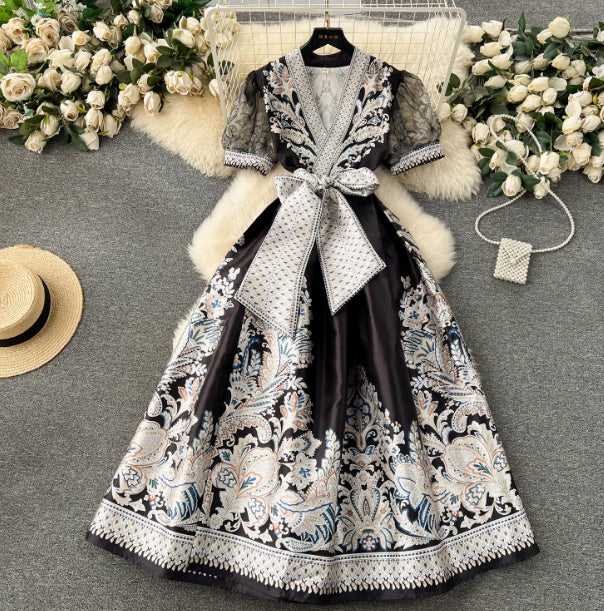 Robe longue imprimée à nouer à la taille pour femme