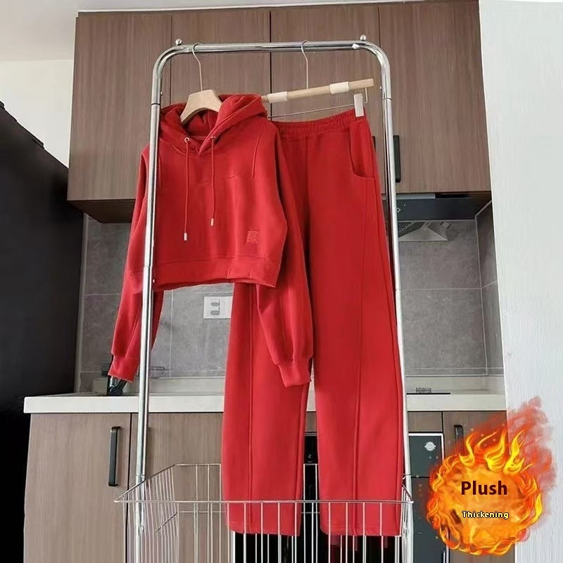 Fashionable Stylish Fleece-lined Thickened Hooded Sweatshirt Sweatpants Two-piece Set