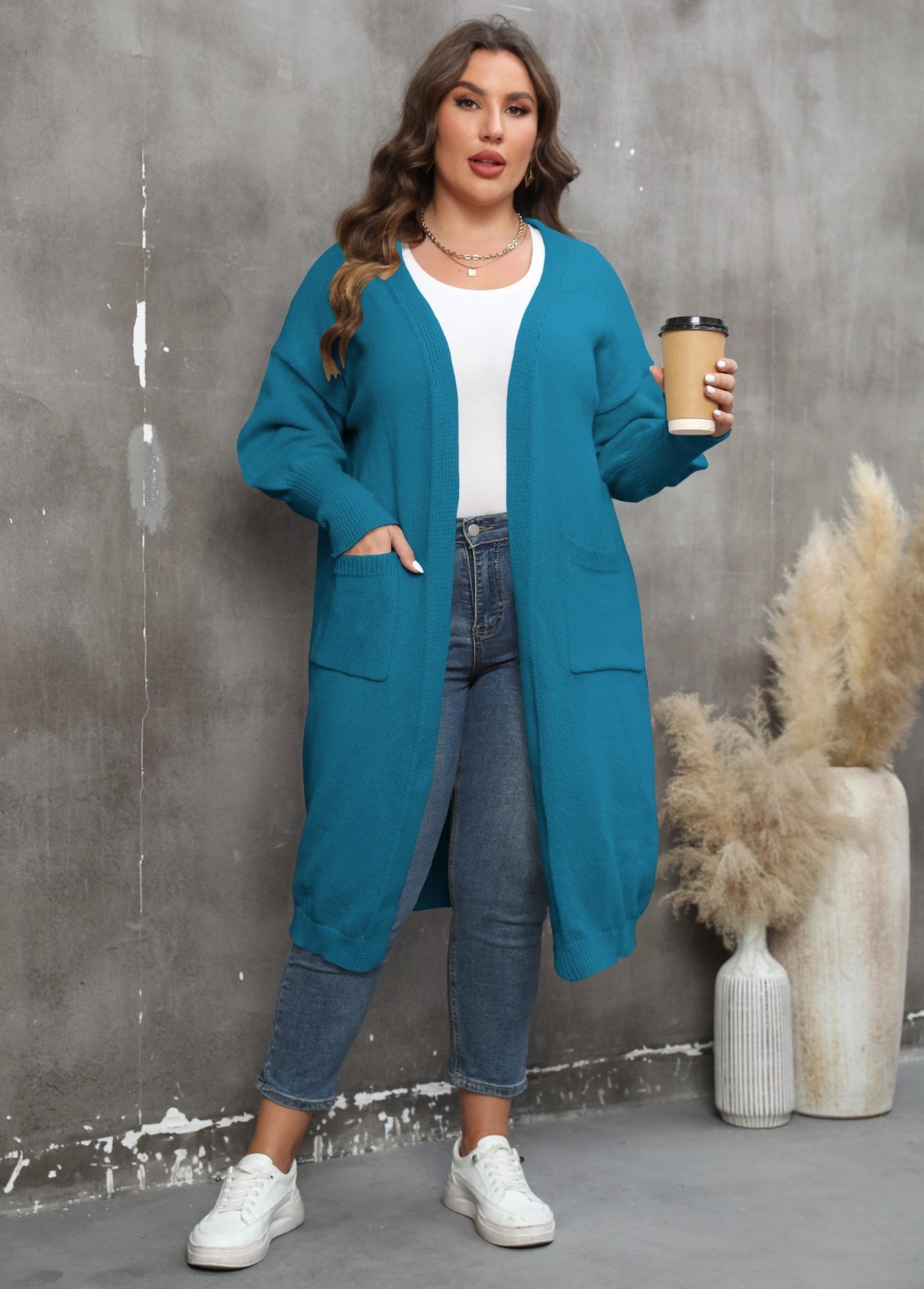 Pull ample mi-long tissé grande taille, style européen et américain, manteau à manches lanternes et double poche