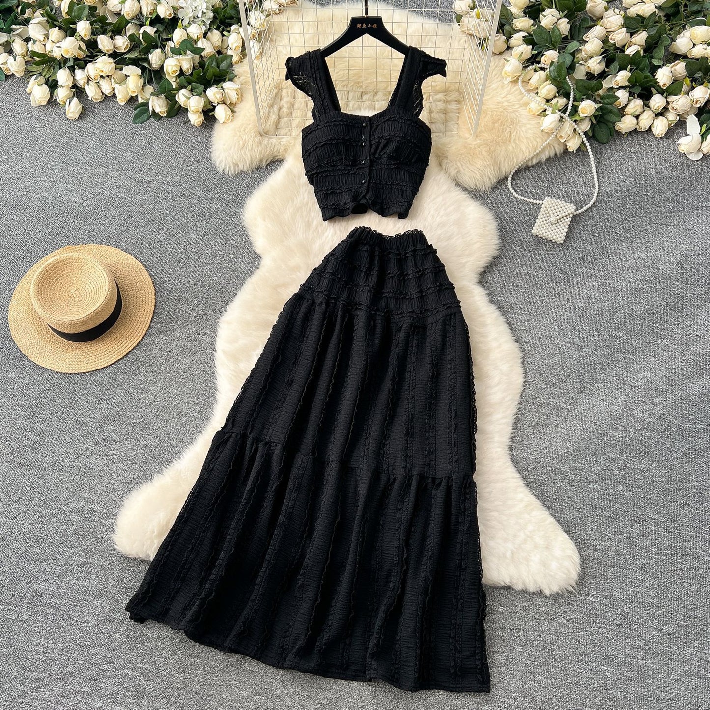 Suspender Top High Waist Crimp Skirt Two-piece Suit