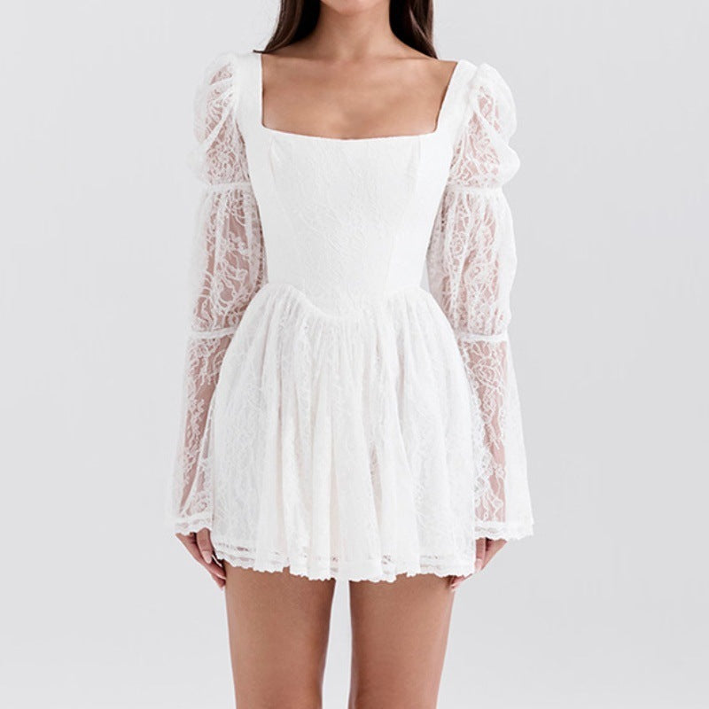 Autumn New Square-neck Long Sleeve Waist Lace Dress
