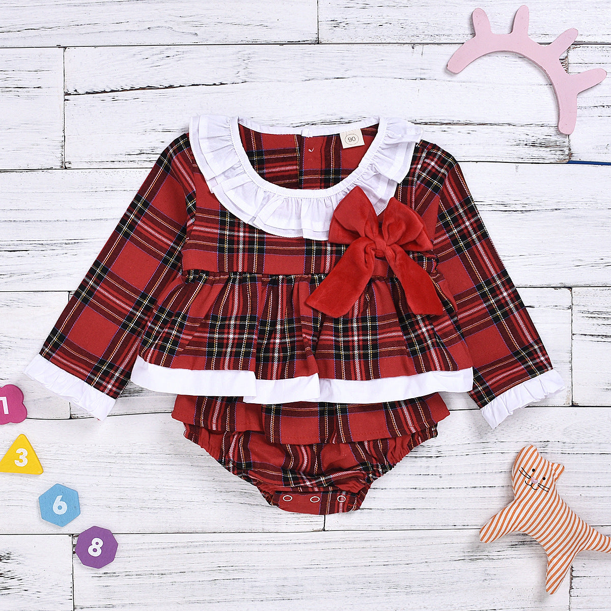 Fashion Red Plaid Long Sleeve One Piece