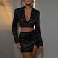 Cutout V-neck Long Sleeve Slim-fit Shiny Suit Top Skirt Two-piece Suit