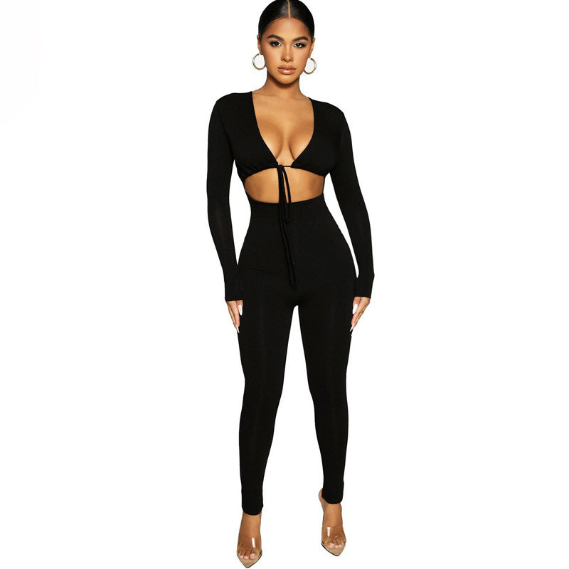 Solid Color Lace-up Hollow Long-sleeved Skinny Jumpsuit