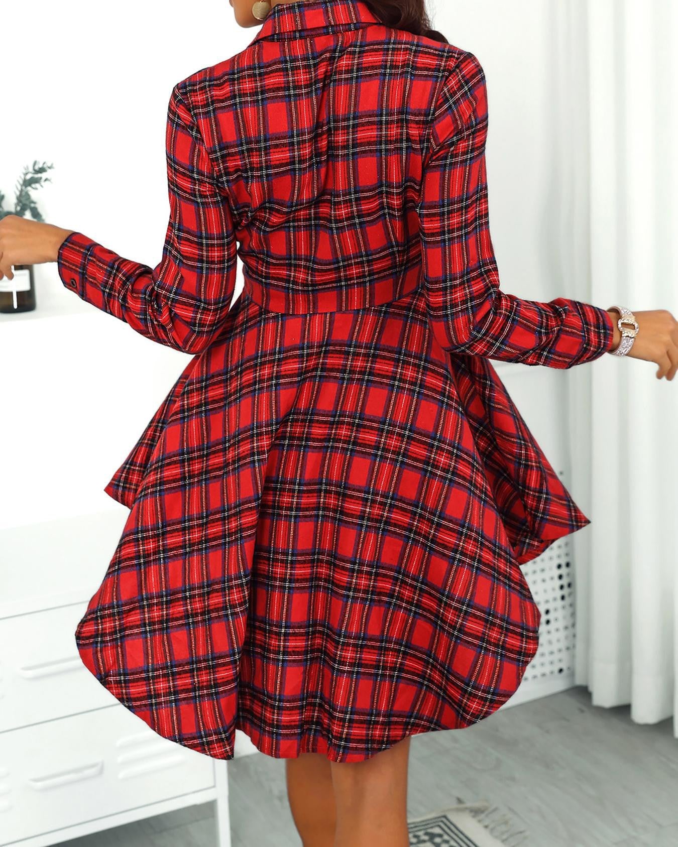 Fashionable Elegant Plaid Long Sleeve Lapel Single Breasted Shirt Irregular Dress