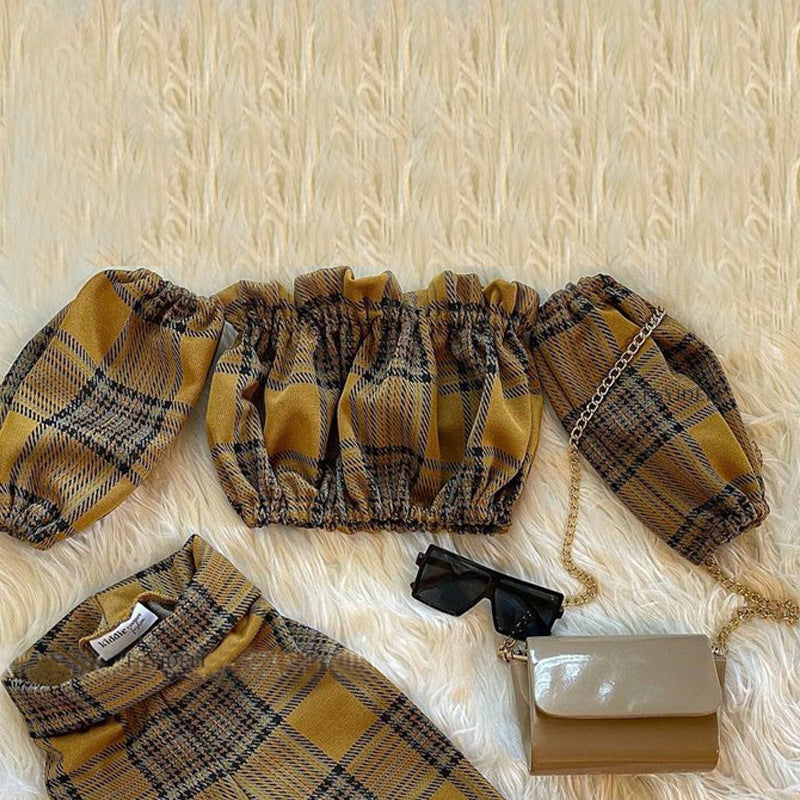 Checker Trousers One Shoulder Long Sleeve Two-piece Set