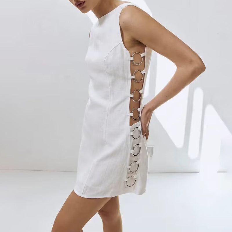 New Metal Decoration Seaside Vacation Style White Dress Female