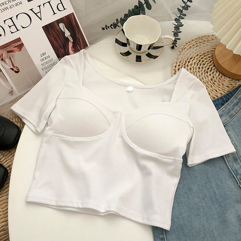 Square Neck Clavicle Short Sleeve T-Shirt Ladies