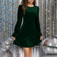 Solid-Color Crew-Neck Gold Velvet Sequin Long-Sleeve Dress