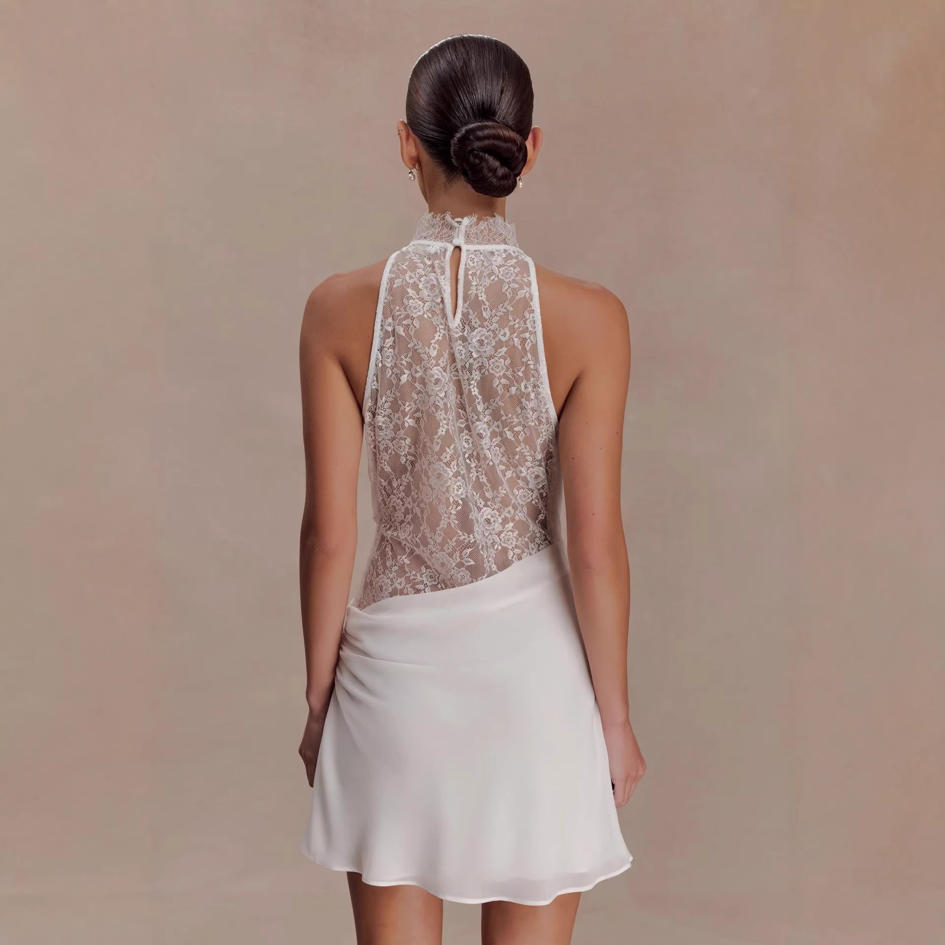 New Neck-hanging Lace-spliced Satin Dress Short Skirt