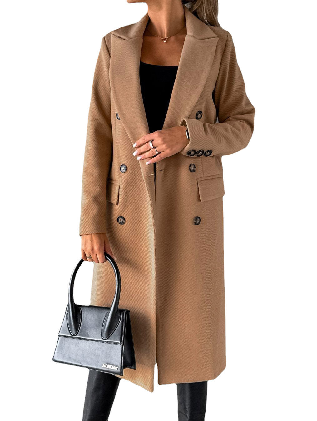 Manteau à manches longues et revers pour femme, veste longue et slim, couleur unie, à double boutonnage, tendance hiver