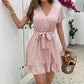 Summer French High Waist Floral Tie-neck V-neck Short Sleeve Dress