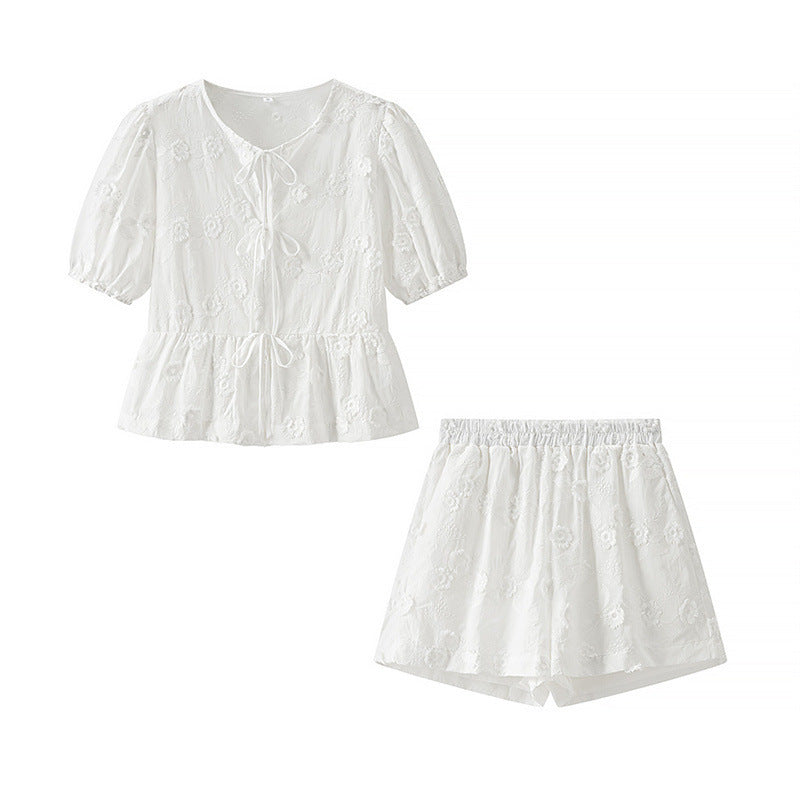Solid Color Flower Embroidered Cotton Short-sleeved Shorts Two-piece Suit
