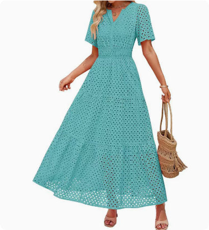 V-neck Hollow Pleated Short Sleeves Long Dress