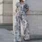 Ink Painting Printing Lapel Short Shirt High Waist Wide Leg Pants Two-piece Set