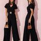 Solid Color And V-neck Waist Trimming Short-sleeved Casual Trousers Jumpsuit