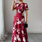 Floral Crew-neck Short-sleeve Waist-cinching Dress