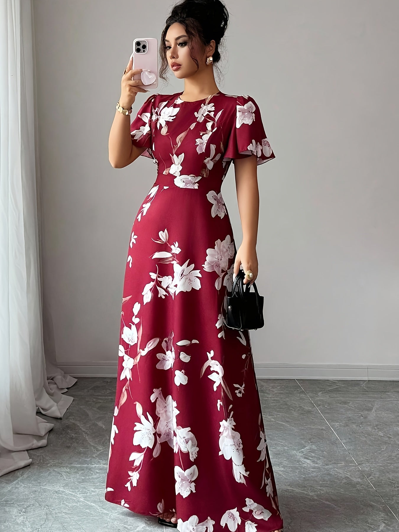 Floral Crew-neck Short-sleeve Waist-cinching Dress
