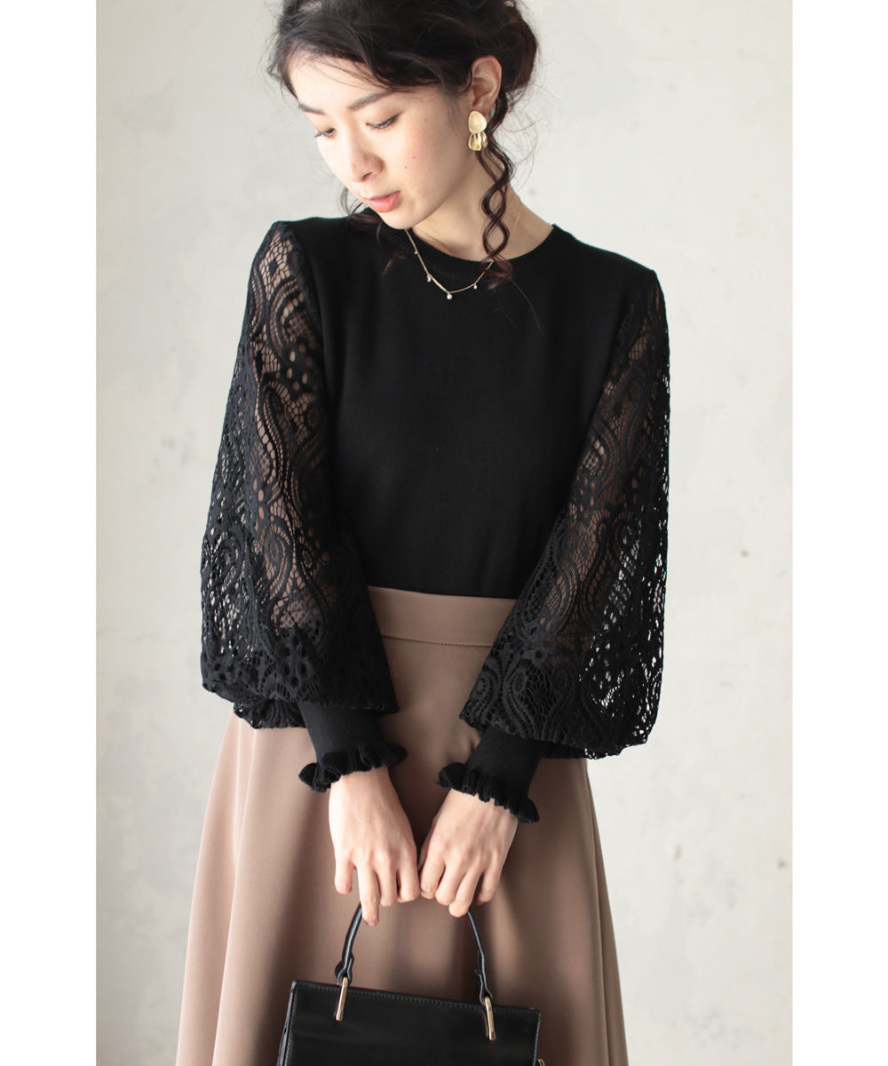 Sheer Yarn Flower Embroidered Sleeve Patchwork Knitting Bottoming Shirt