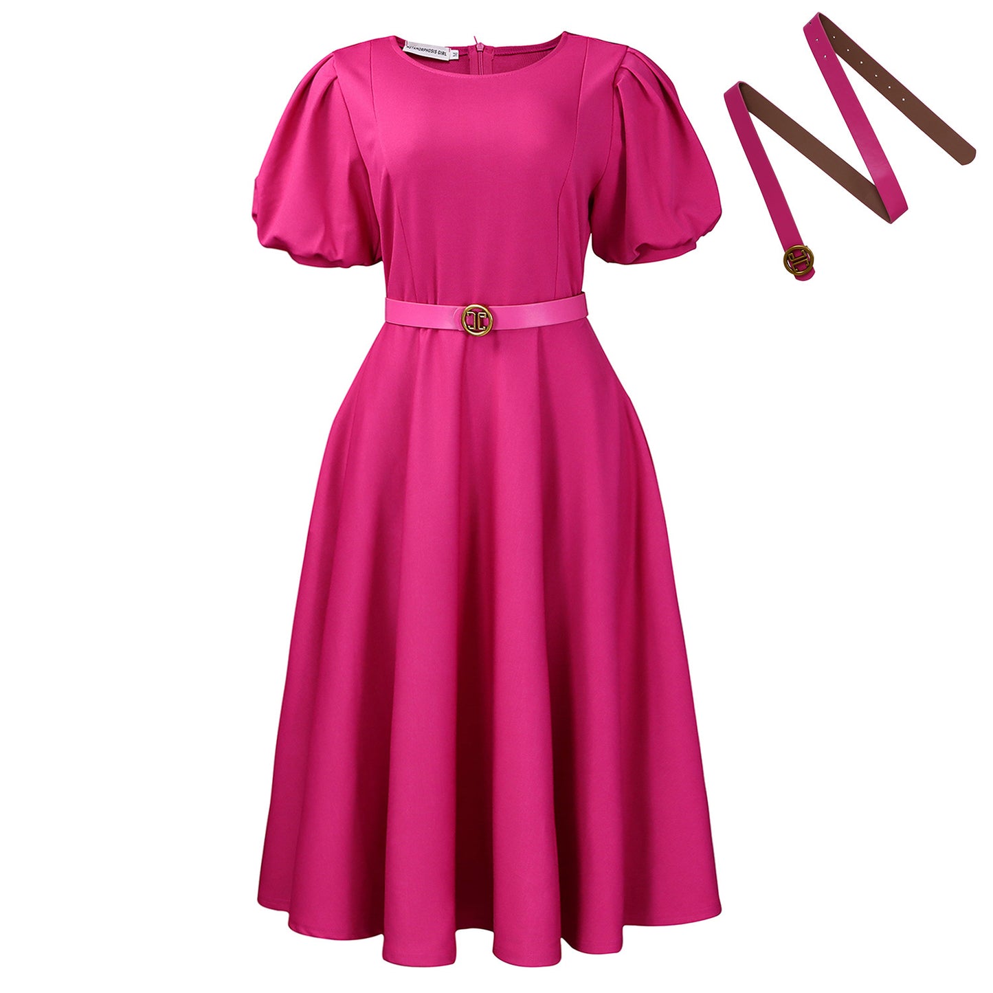 Elegant High-waisted Solid-color Round-neck Dress With Fashionable Balloon Sleeves