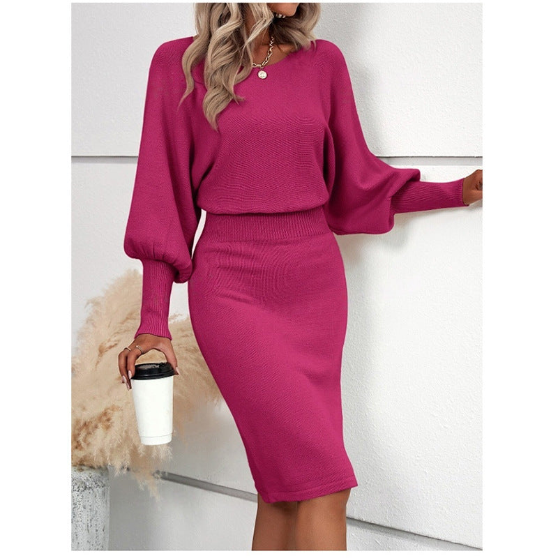 European And American Temperament Crew Neck Long Sleeve Solid Color Waist Tight Slimming Knitted Hip Skirt