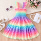Children Sleeveless Smocking Leopard Print Butterfly Rainbow Multicolor Printed Dress
