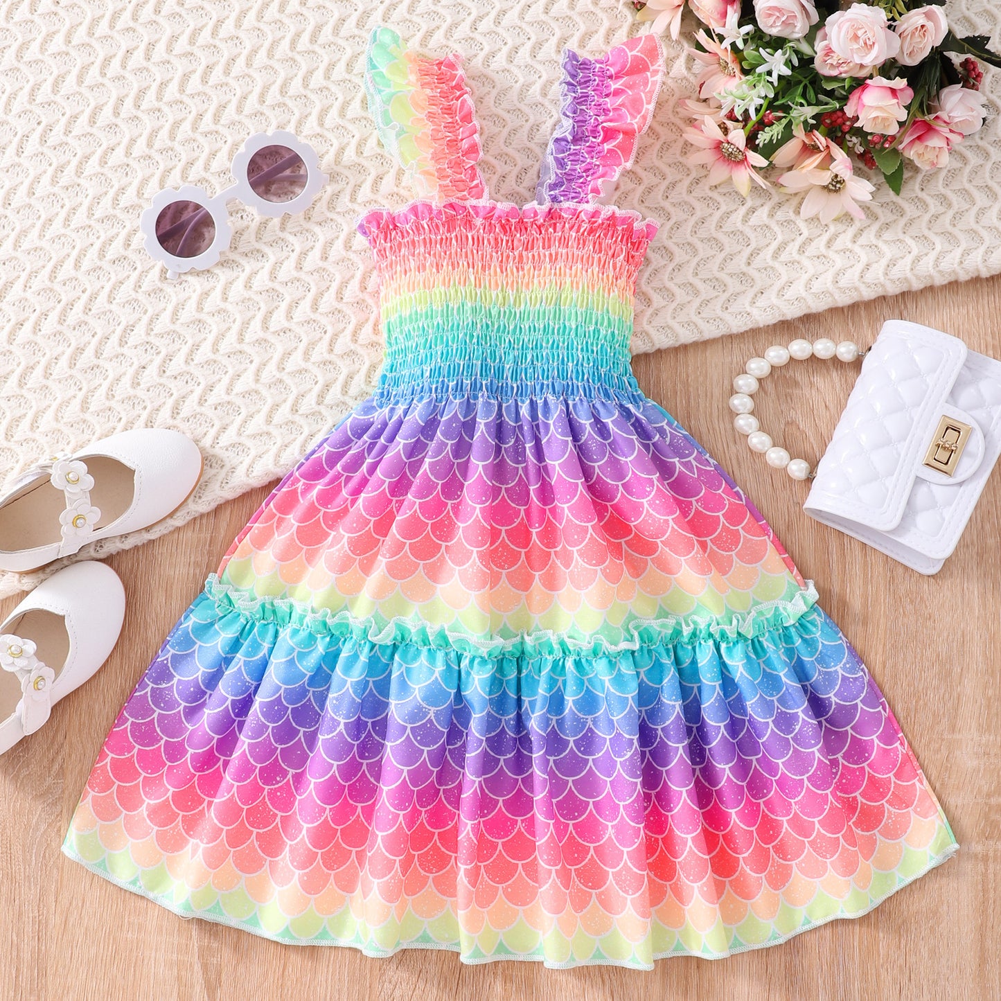 Children Sleeveless Smocking Leopard Print Butterfly Rainbow Multicolor Printed Dress
