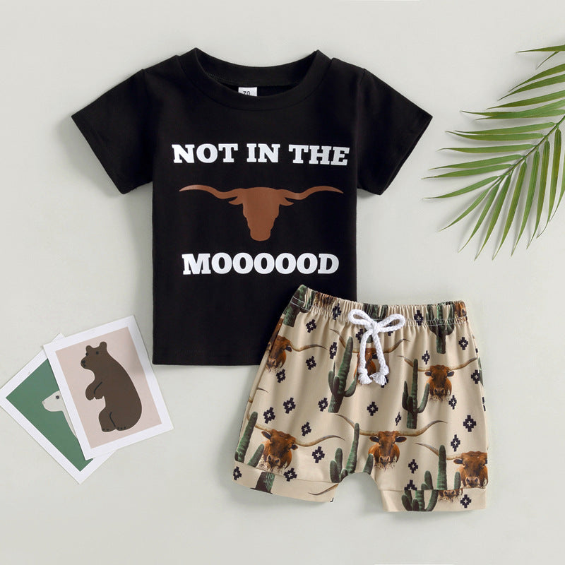 Boys' Printed Letters Round Neck Short Sleeve Shorts Suit