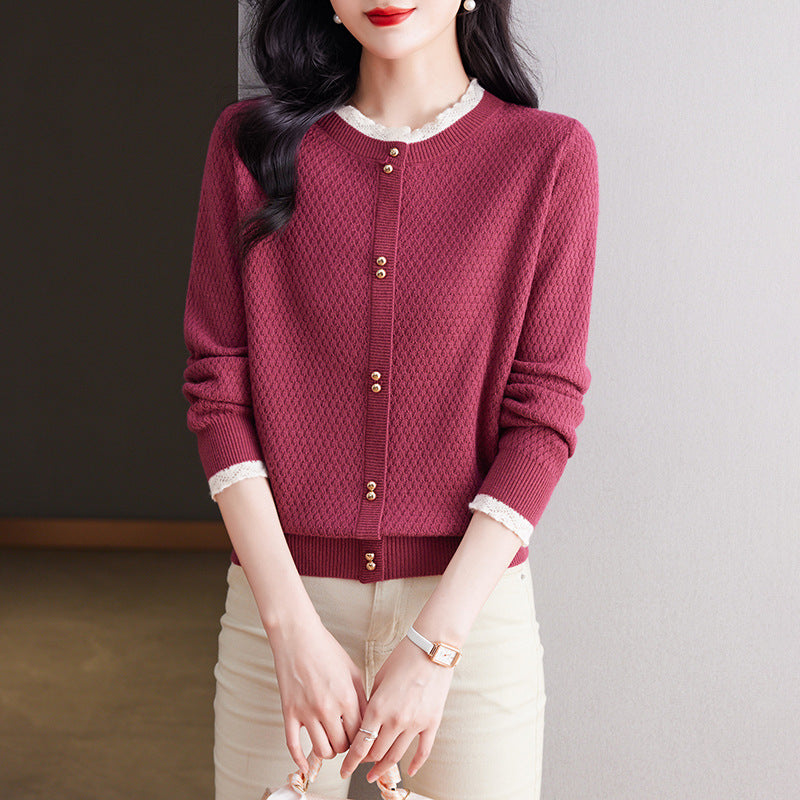 Pull tendance à manches longues et col en V avec dentelle