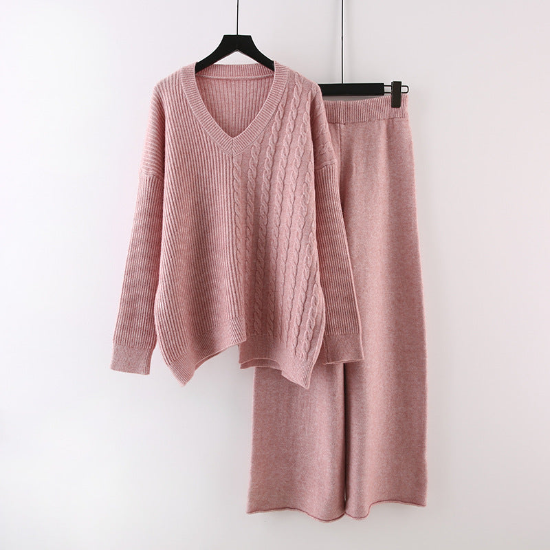 Pull uni à col en V, nouvelle collection automne-hiver, ample, décontracté, tricoté, pantalon large assorti, costume deux pièces