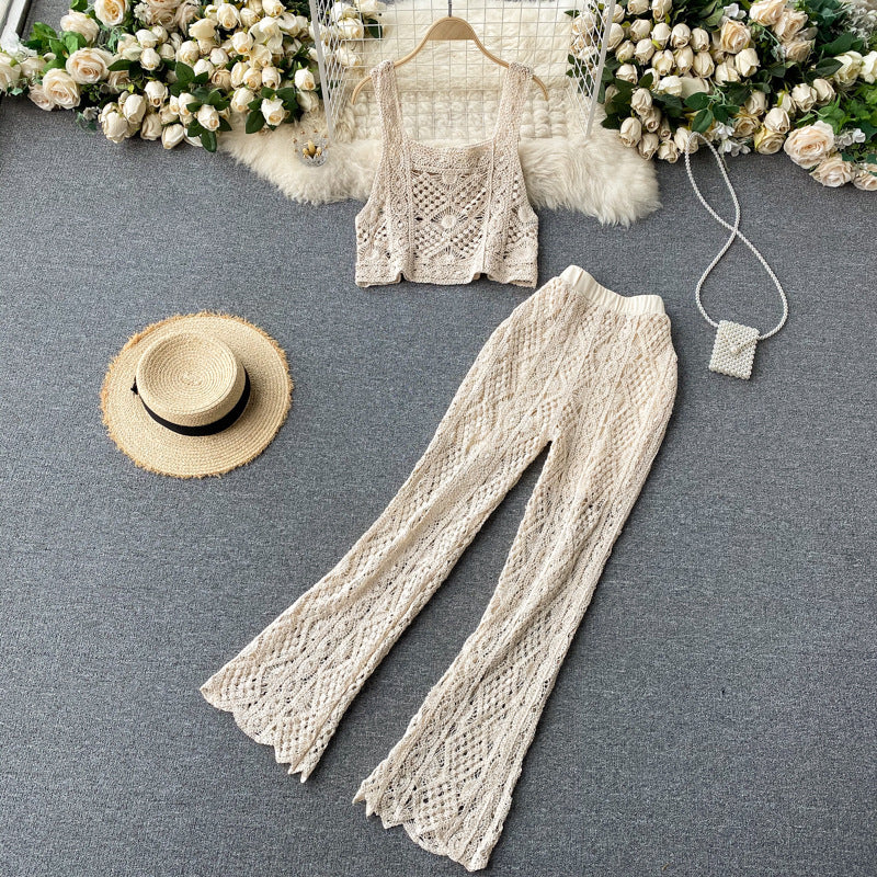 Ensemble deux pièces gilet à col carré, haut court, taille haute, fourreau, design creux, pantalon à pattes d'éléphant