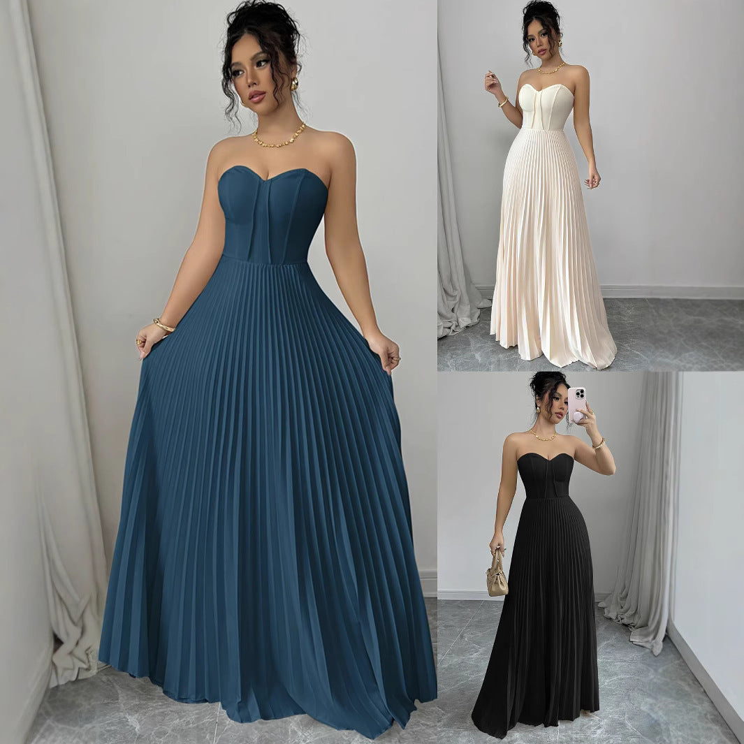 Women's French Tube Top Solid Color Waist Tight Elegant Dress