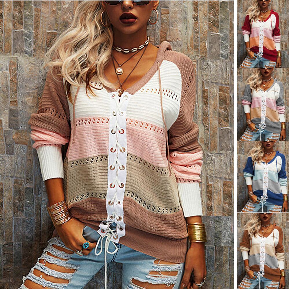 Ladies Cardigan Tie Sweater Long Sleeve Contrast Patchwork Jacket