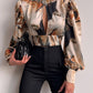 Women's Stand Collar Long Sleeve Lantern Sleeve Cutout Top