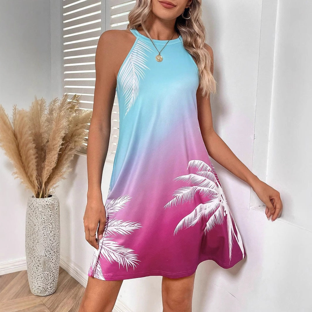 Gradient Color Printed Halter Women's Clothing Dress