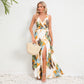 Robe longue à imprimé floral et col en V, mode estivale, taille nouée, fente, sans manches, vêtements pour femmes