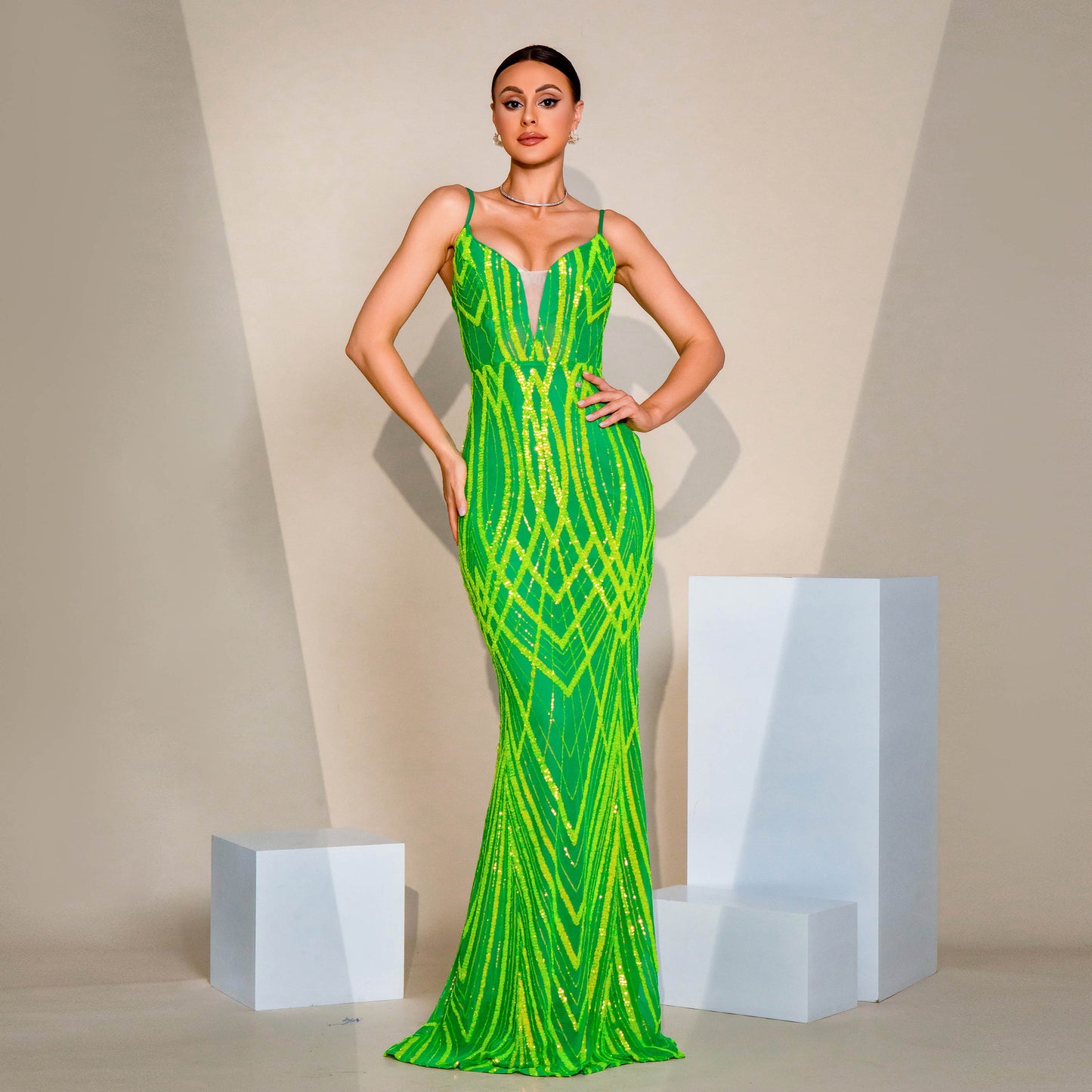 V-neck Strap Sequined Fishtail Evening Dress