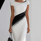 Elegant Black-and-white Contrast Long-sleeve Slim-fit Midi Dress