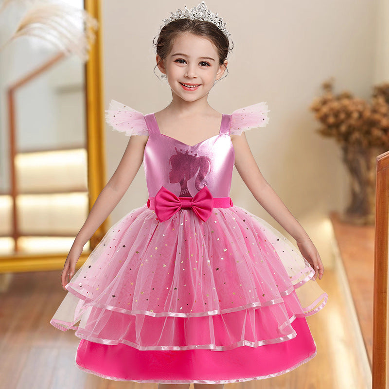 Girl's Simple Cartoon Printed Mesh Dress
