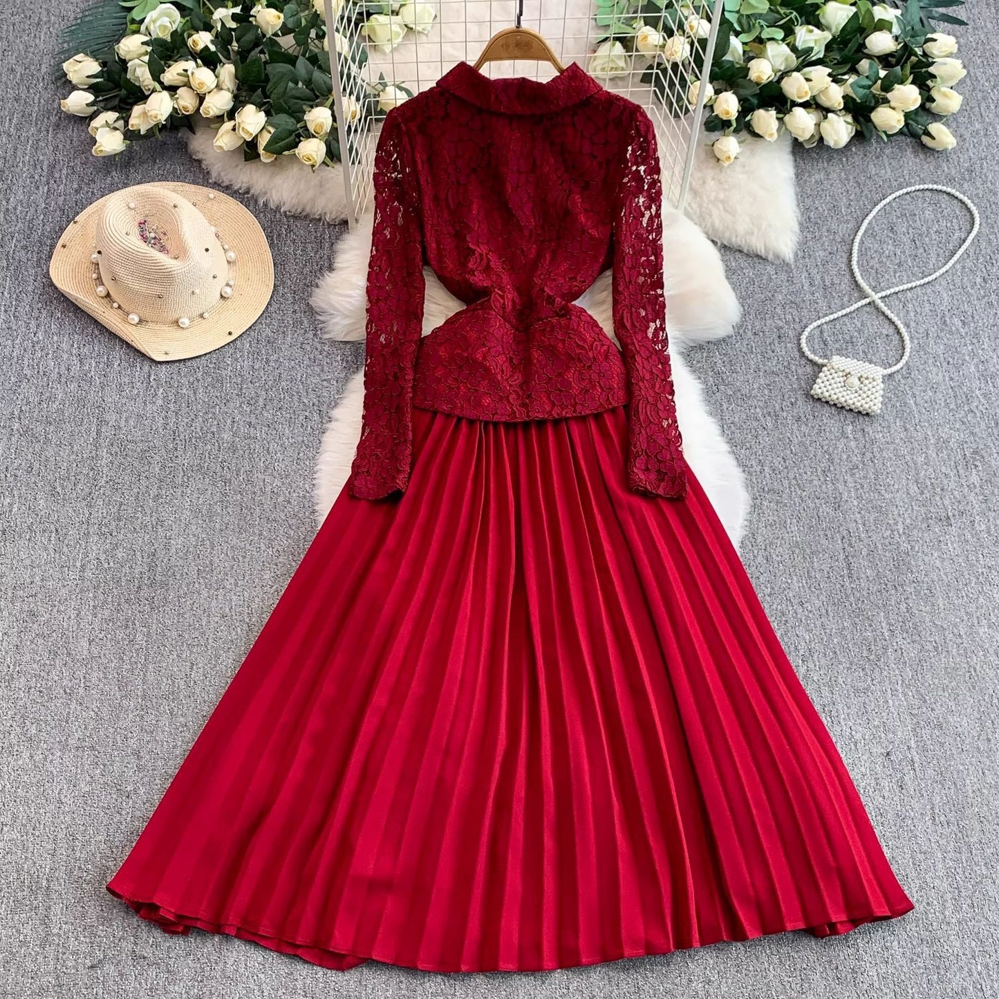 French Chic Lace-Patchwork Notch-Neckline Formal Dress