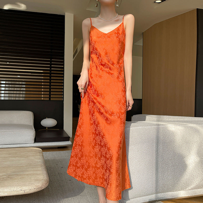Robe à bretelles en satin acétate, col en V, pour femme