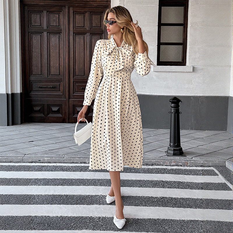 New Elegant Retro Style Bow Collar Long Sleeve Waist Dress