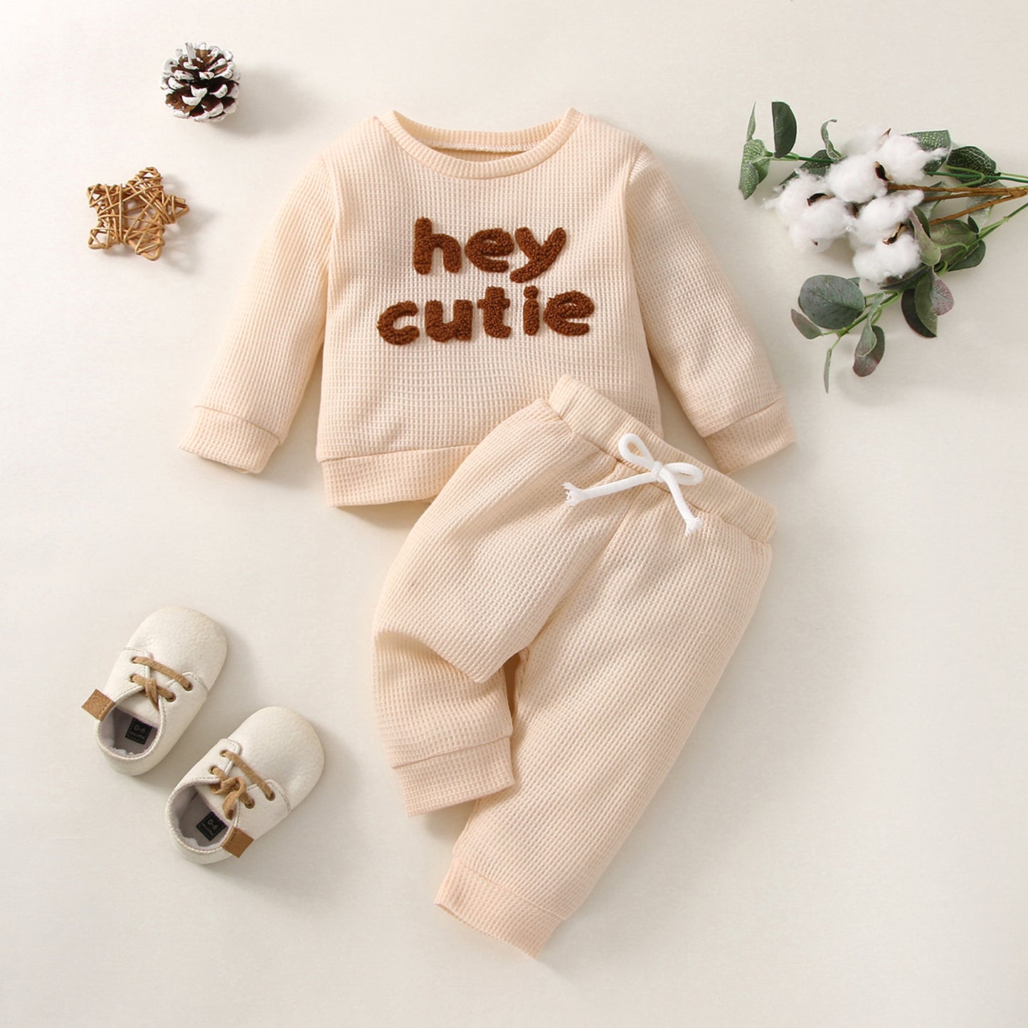 Waffle Solid Color Letter Long Sleeve Top Trousers Suit